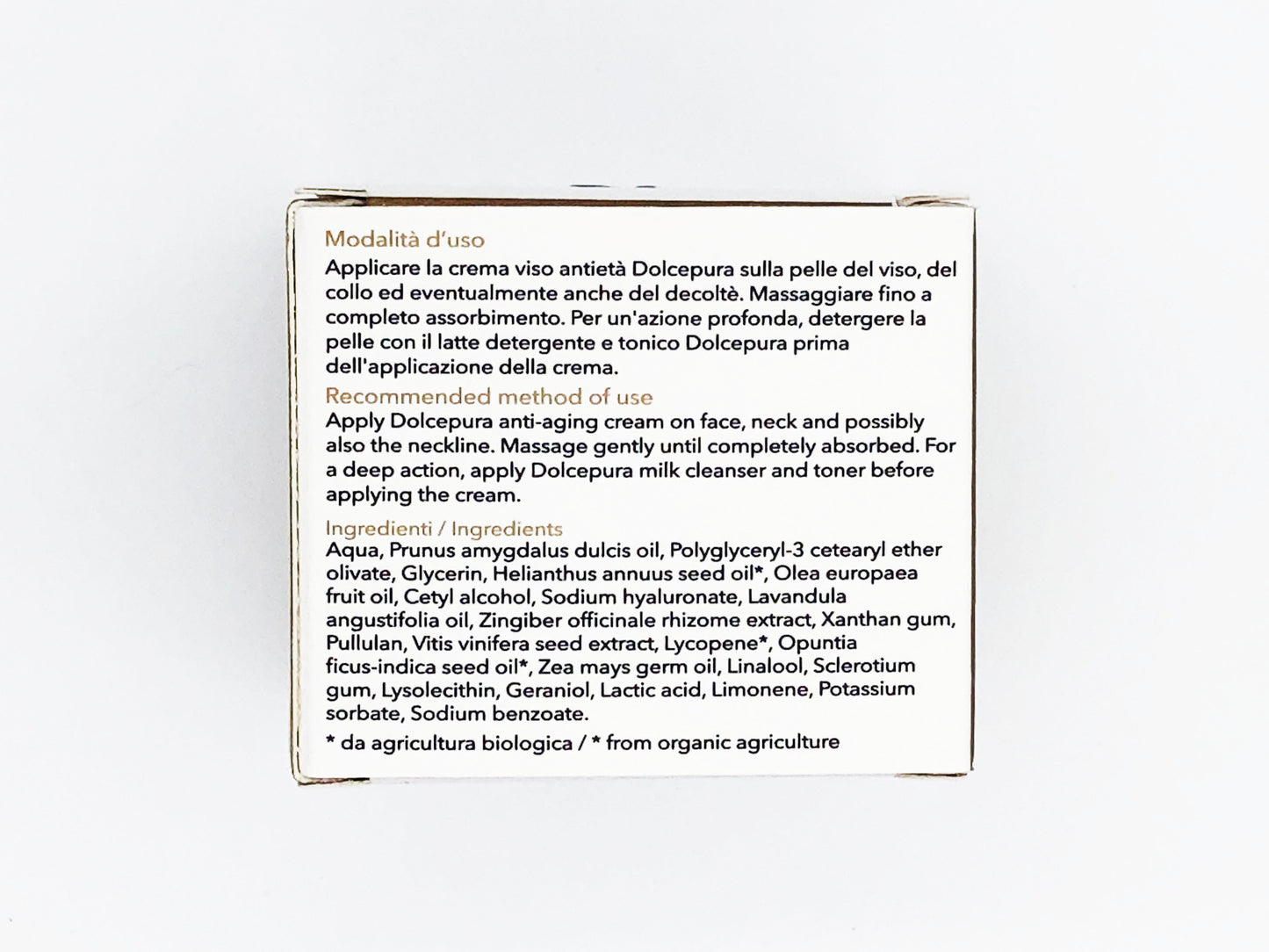 DolcePura FACE care cream "LA CURA" (with opuntia extract, lycopene and low molecular weight hyaluronic acid). Organic and vegetable origin