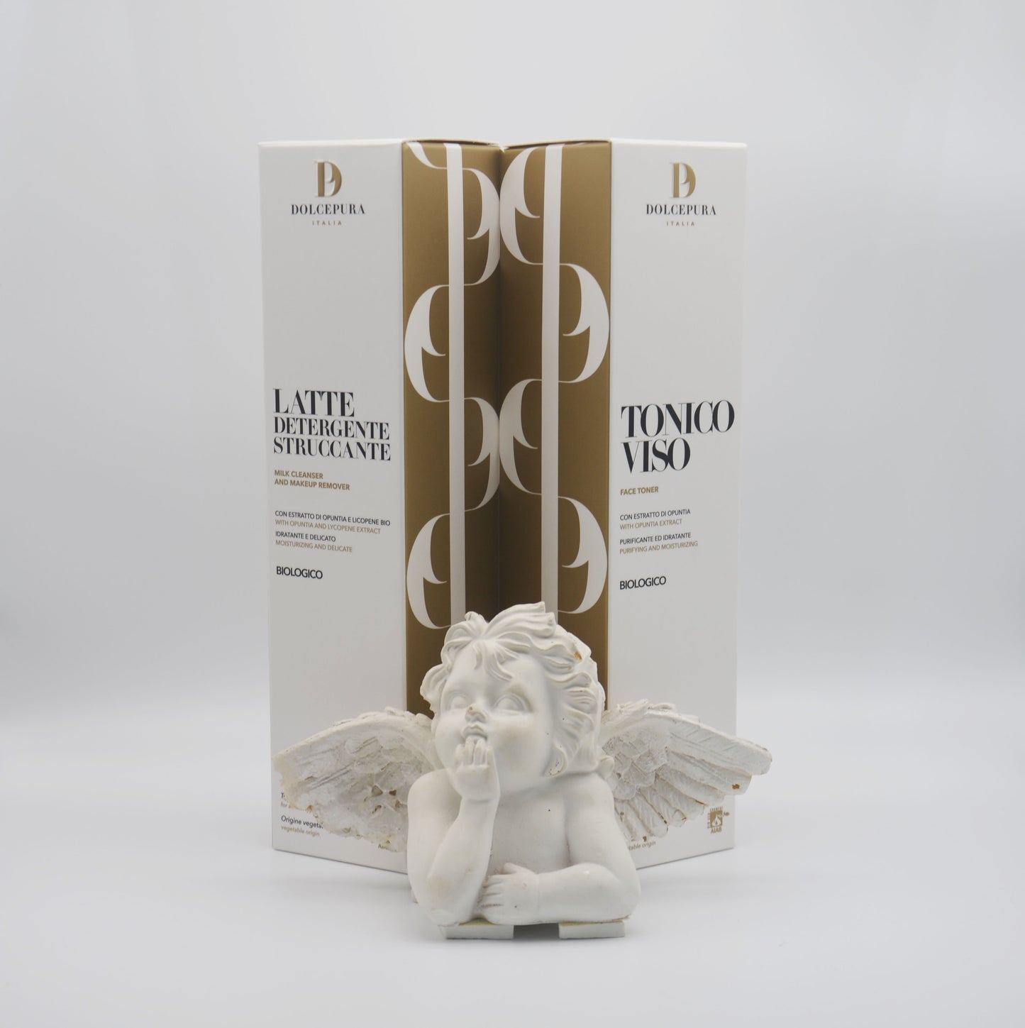 DolcePura set "DETERGENZA" for the FACE (cleansing and tonic milk) with opuntia and lycopene extract, organic and patented. Made in Italy handcrafted products. Plant-based, all skin types