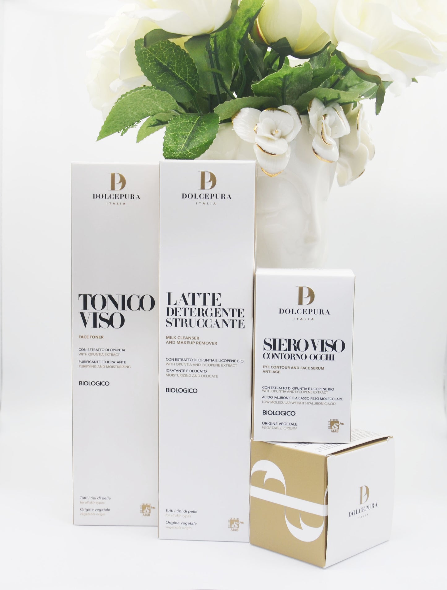 FACE/EYES set "FRESCA E LEGGERA" - Cleansing Milk, Tonic and Serum - with Opuntia and artisan certified organic Lycopene. Made in Italy products with Italian ingredients