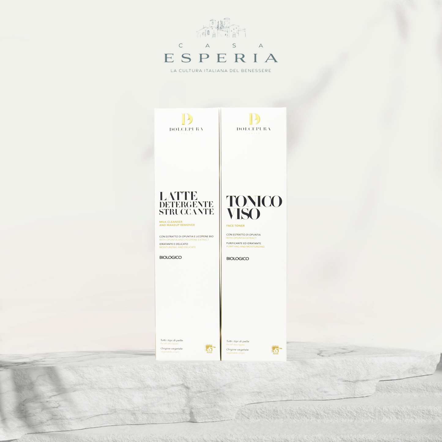 DolcePura set "DETERGENZA" for the FACE (cleansing and tonic milk) with opuntia and lycopene extract, organic and patented. Made in Italy handcrafted products. Plant-based, all skin types