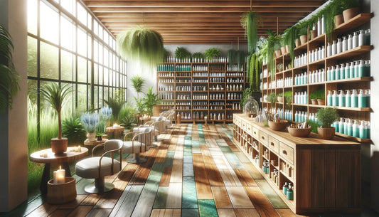 Panoramica di un salone di parrucchiera eco-compatibile, illuminato naturalmente e arricchito da piante verdi, che promuove l'uso di prodotti per capelli naturali e sostenibili.