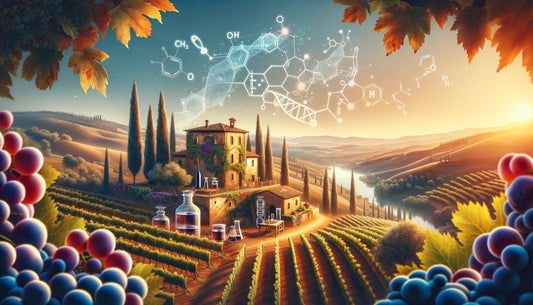 Immagine paesaggistica di una casa in Toscana circondata da vigneti, evocando il legame tra i cosmetici naturali di Rubina arricchiti con Resveratrol e la bellezza della natura.