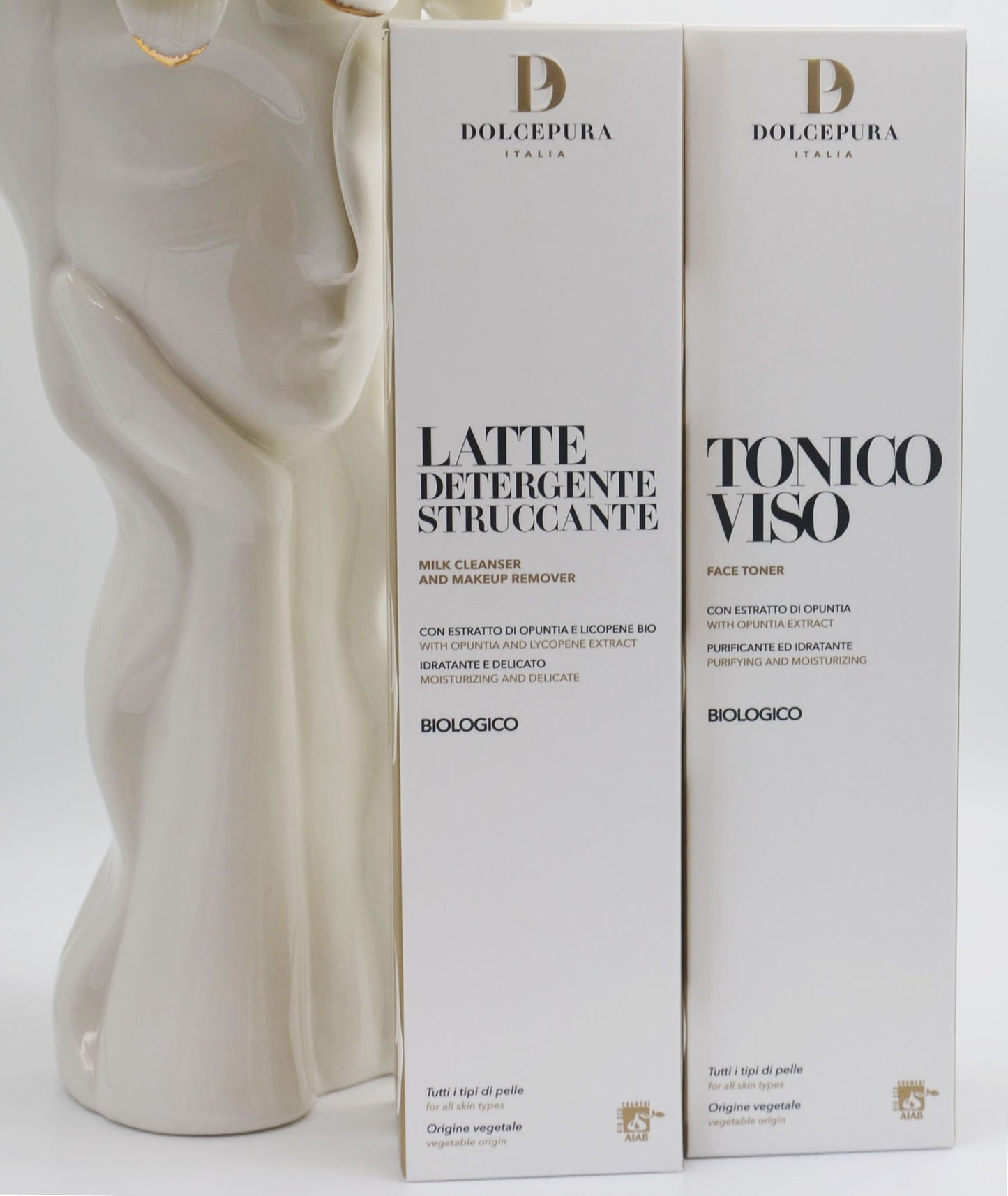 DolcePura set "DETERGENZA" for the FACE (cleansing and tonic milk) with opuntia and lycopene extract, organic and patented. Made in Italy handcrafted products. Plant-based, all skin types