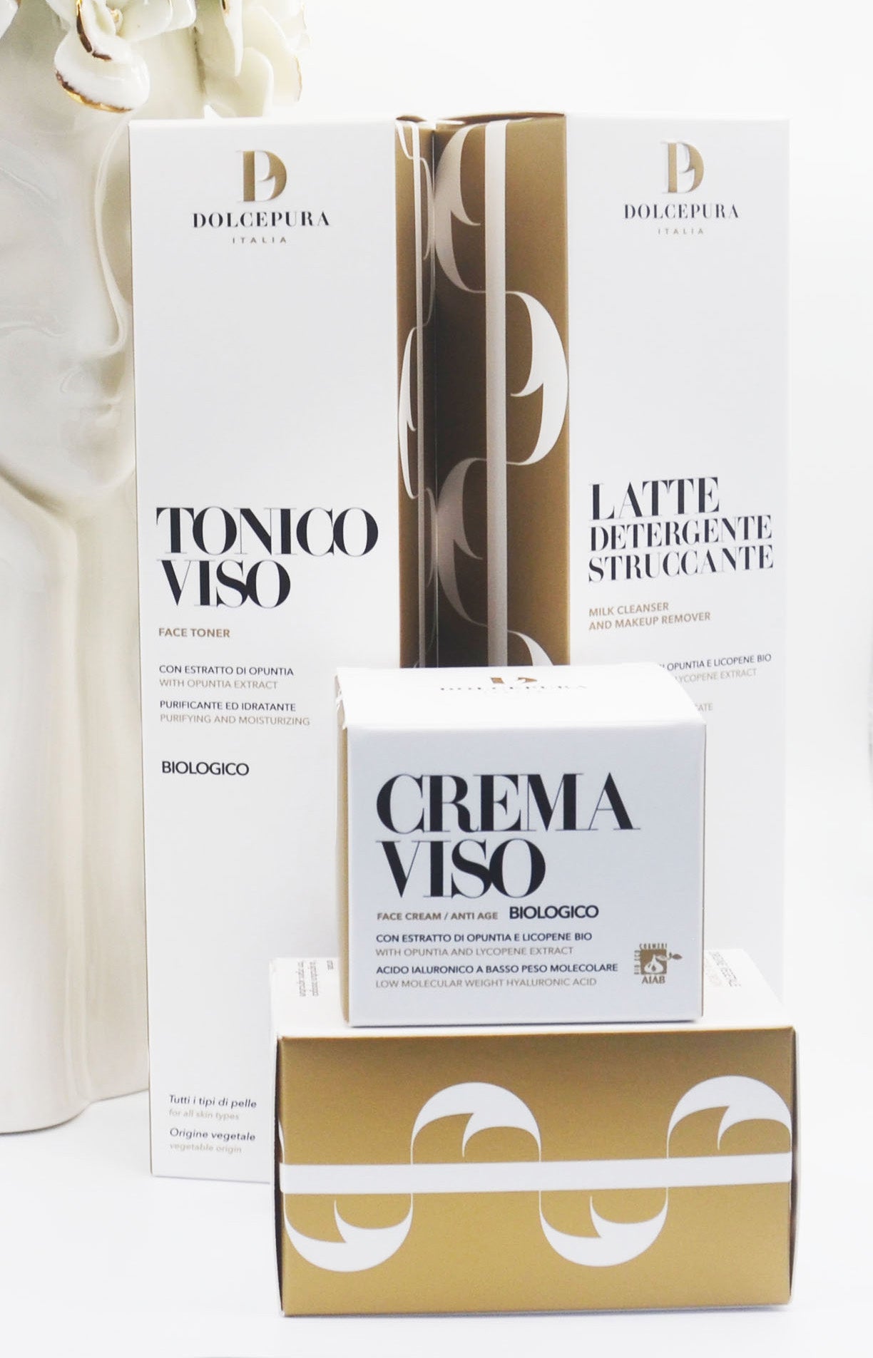 VISO set "UNICA" latte detergente, tonico e crema (opuntia e licopene biologici) di piccola produzione italiana