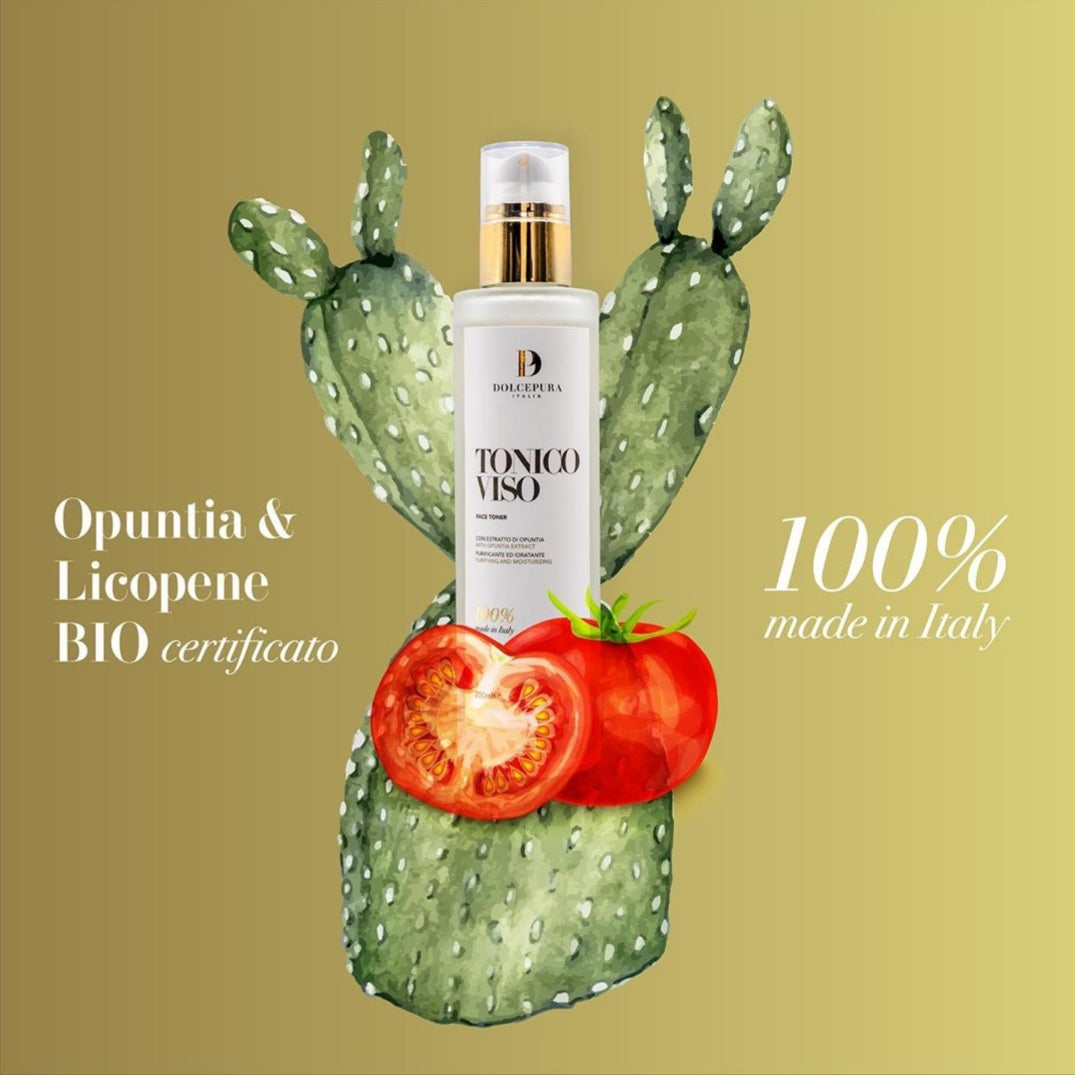 FAȚĂ tonic "LUCE" de îngrijire a pielii Dolce Pura: curățare și hidratare cu extract de opuntia și licopen. Organic și pe bază de plante. Pentru toate tipurile de piele