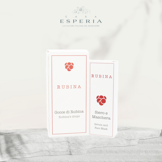 Rubina set "PERFEZIONE" - 2 produits pour 6 besoins (essence, masque, sérum CORPS et VISAGE/YEUX). Fabrication à petite échelle. Fabriqué en Italie. Huiles précieuses, extrait de raisin, concombre